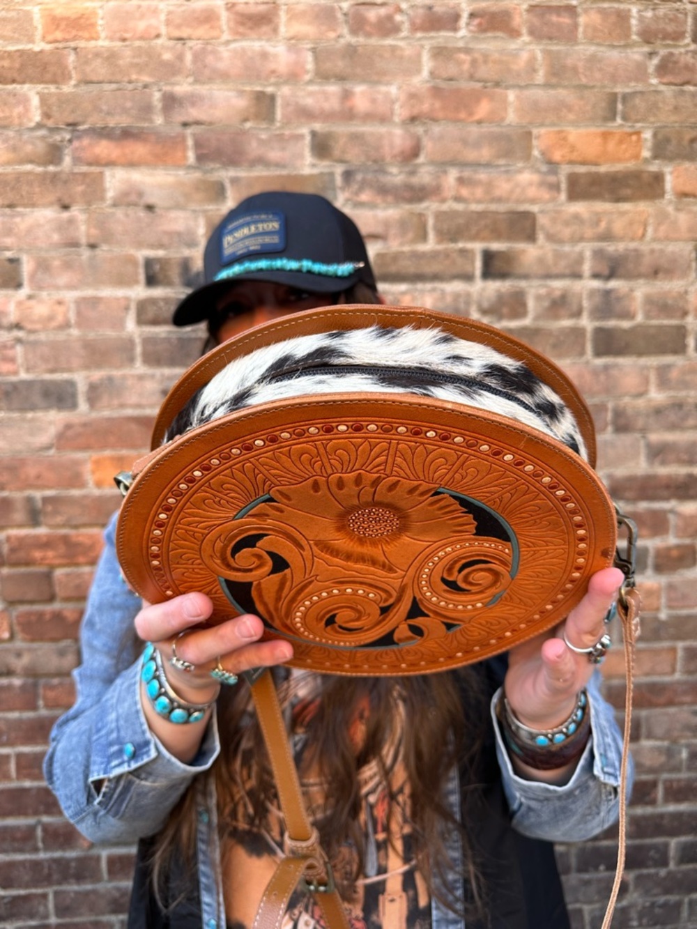 NWT Myra Bag Boho Motif Hand Tooled Leather Round Bag / Purse - Picture 2 of 2